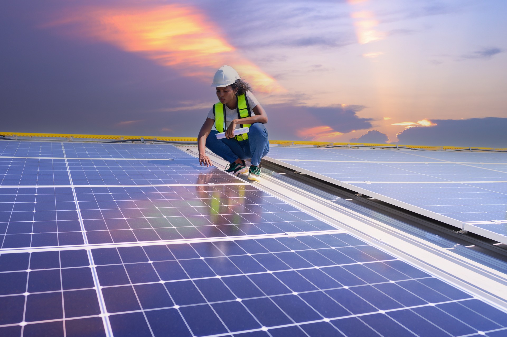 A team of engineers is laying out the installation of an outdoor solar panel system. Installing solar cells on the roof. Solar panels on the roof Workers install eco-technology photovoltaic power plan